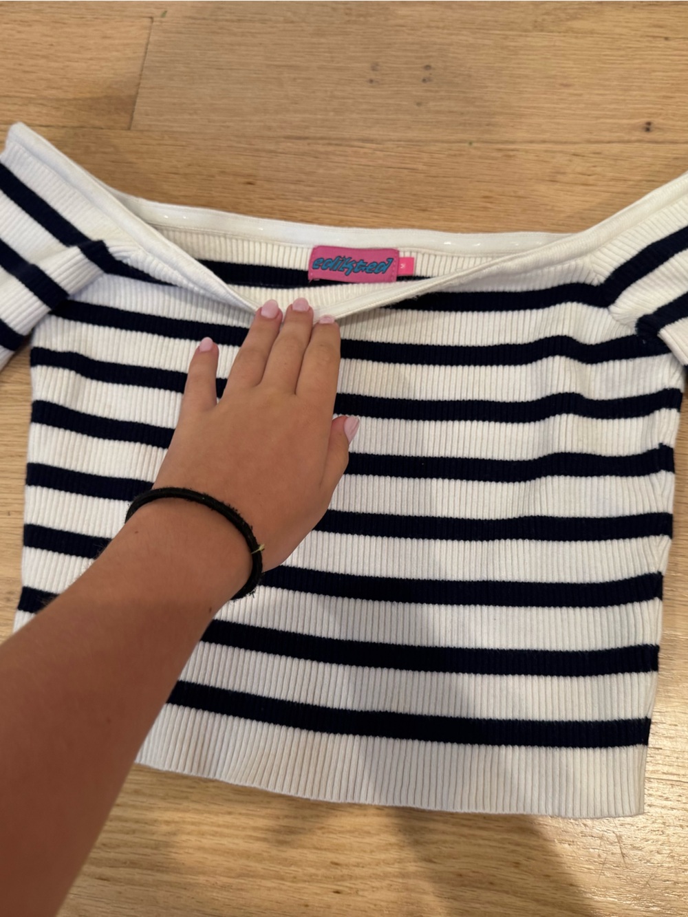 Edikted Navy and White Striped Off-the-Shoulder Sweater